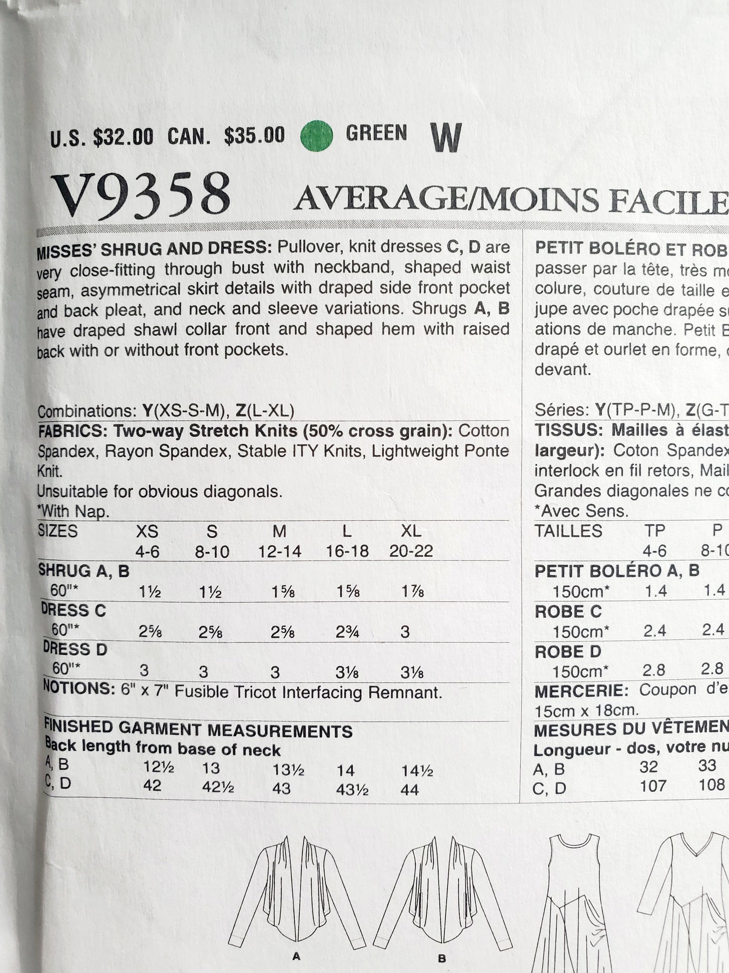 VOGUE Sewing Pattern V9358, Shrug & Dress, Size XSM-MED, Size 4-14