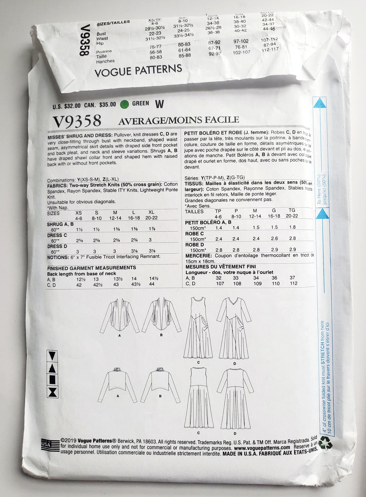 VOGUE Sewing Pattern V9358, Shrug & Dress, Size XSM-MED, Size 4-14