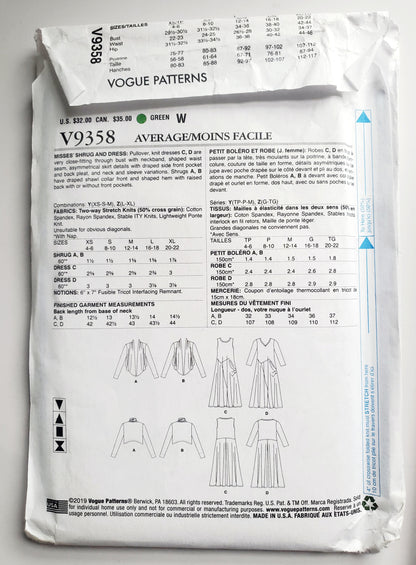 VOGUE Sewing Pattern V9358, Shrug & Dress, Size XSM-MED, Size 4-14