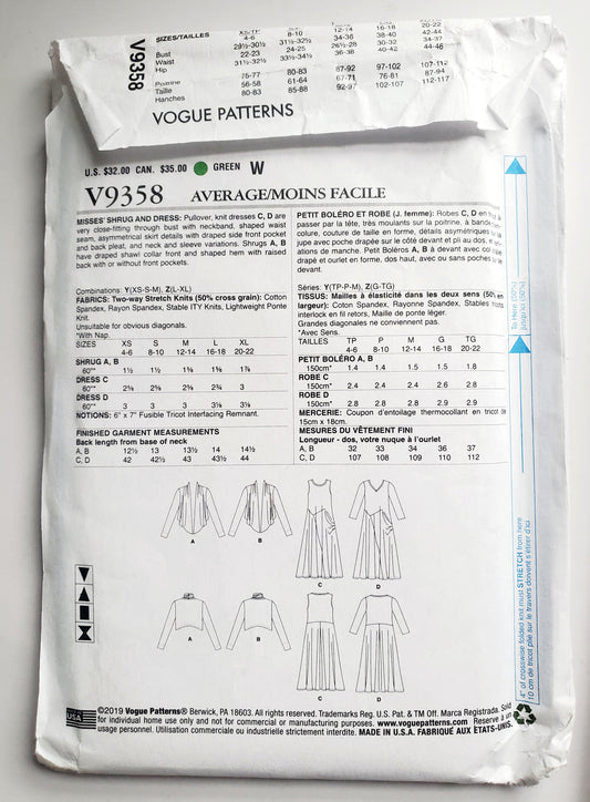 VOGUE Sewing Pattern V9358, Shrug & Dress, Size XSM-MED, Size 4-14