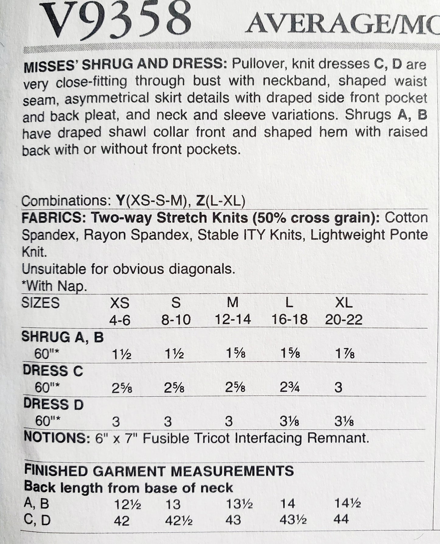VOGUE Sewing Pattern V9358, Shrug & Dress, Size XSM-MED, Size 4-14