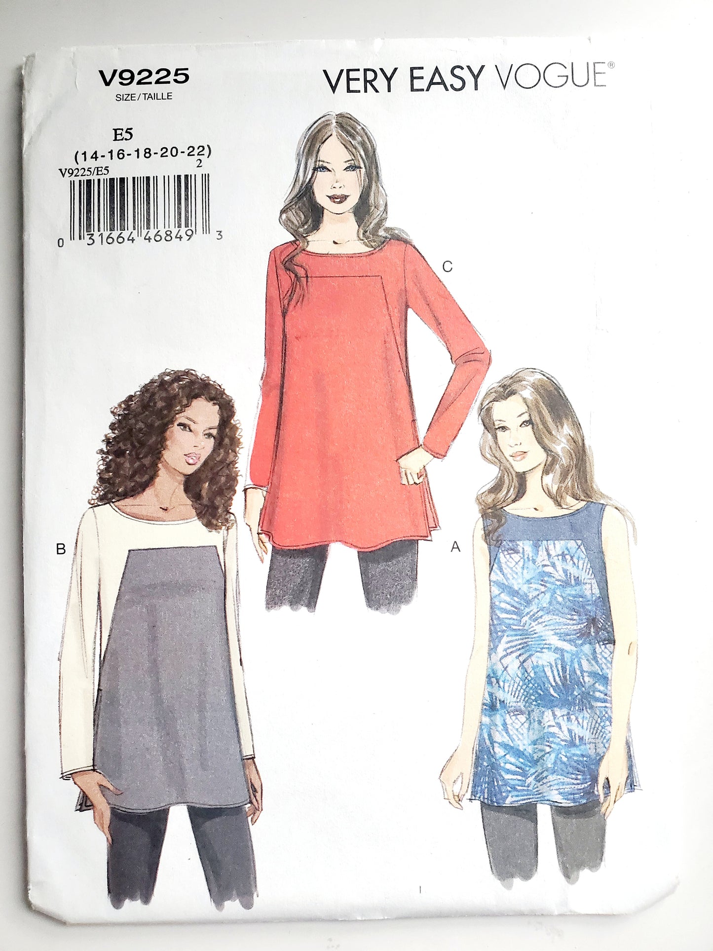 VERY EASY VOGUE Sewing Pattern V9225, Semi-Fitted Tunics, Shaped Tunics, Size 14-22