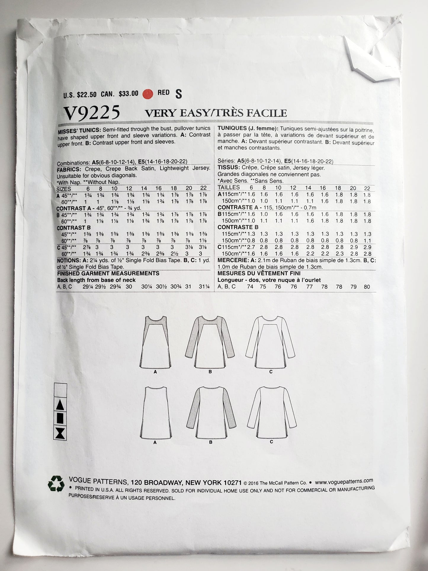 VERY EASY VOGUE Sewing Pattern V9225, Semi-Fitted Tunics, Shaped Tunics, Size 14-22