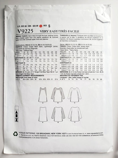 VERY EASY VOGUE Sewing Pattern V9225, Semi-Fitted Tunics, Shaped Tunics, Size 14-22