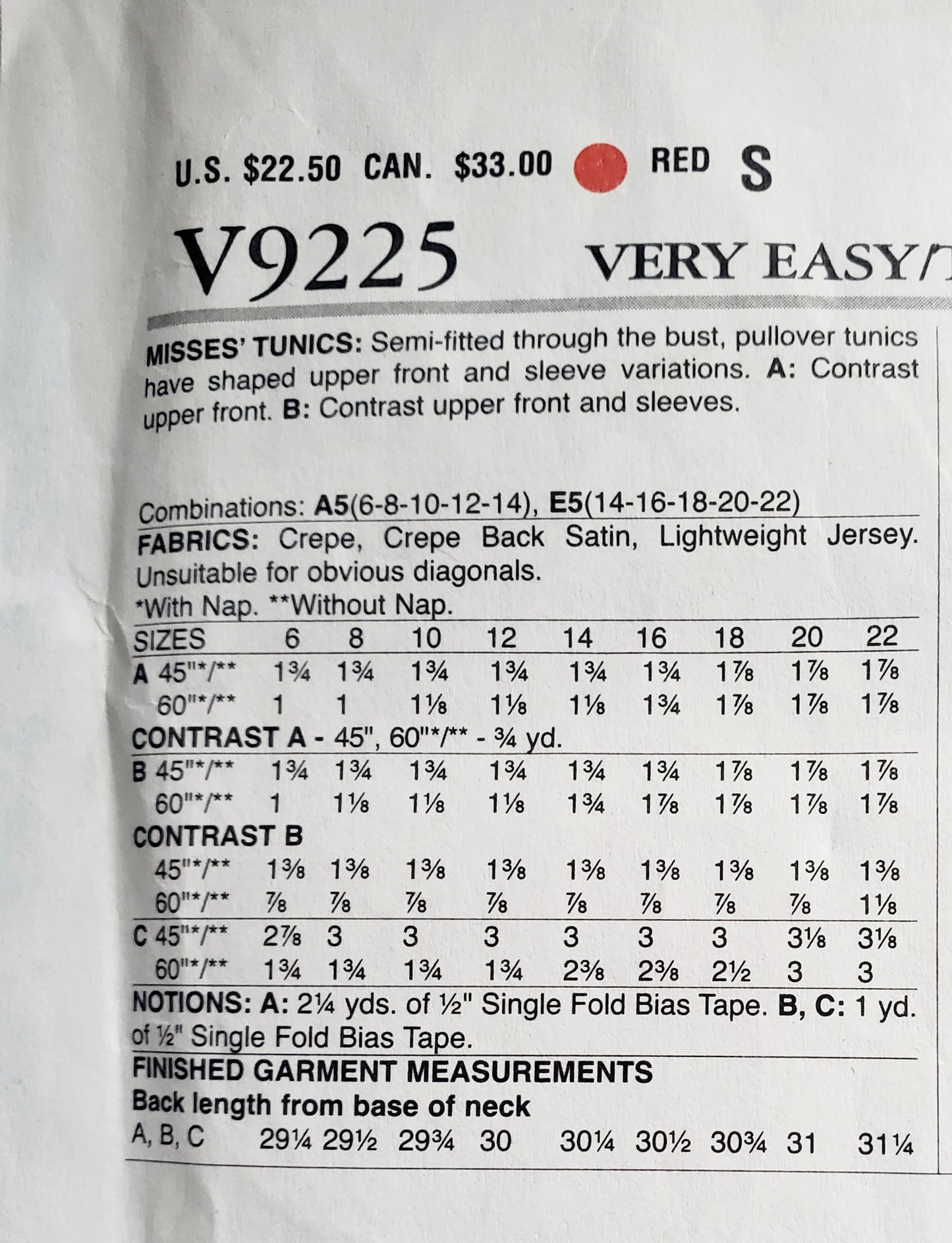 VERY EASY VOGUE Sewing Pattern V9225, Semi-Fitted Tunics, Shaped Tunics, Size 14-22