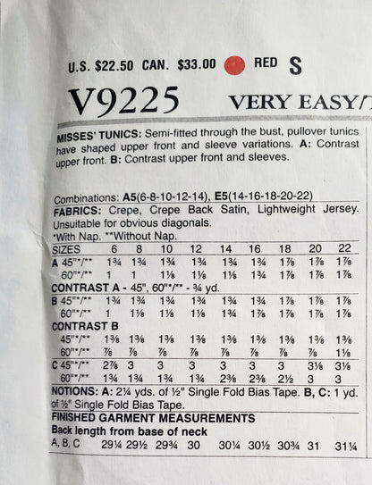 VERY EASY VOGUE Sewing Pattern V9225, Semi-Fitted Tunics, Shaped Tunics, Size 14-22