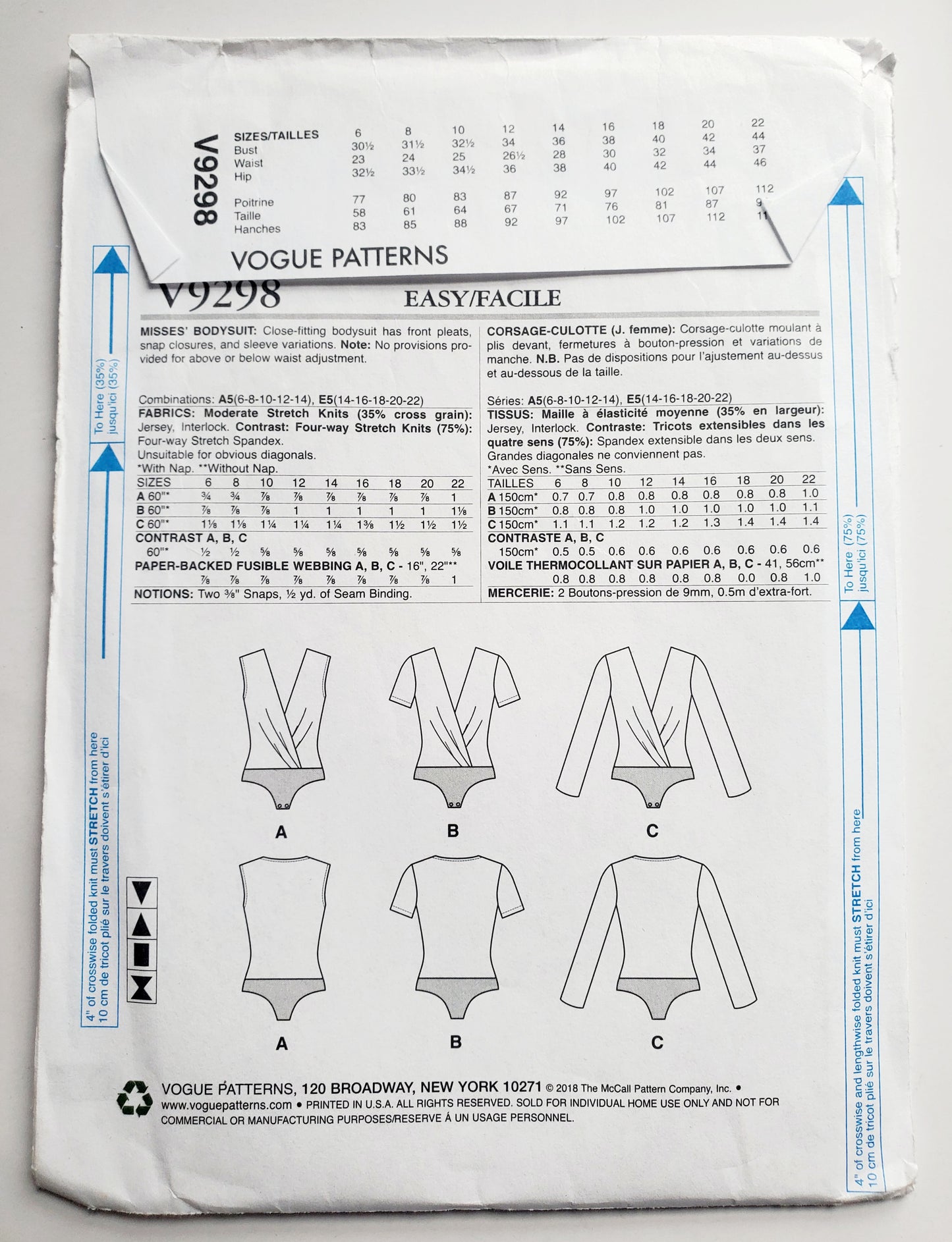 VOGUE Sewing Pattern V9298, Bodysuit, Short Sleeves, Sleeveless and Long Sleeve Variations, Size 6-14