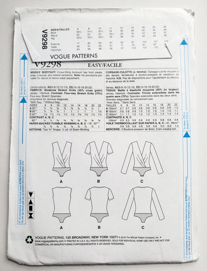 VOGUE Sewing Pattern V9298, Bodysuit, Short Sleeves, Sleeveless and Long Sleeve Variations, Size 6-14