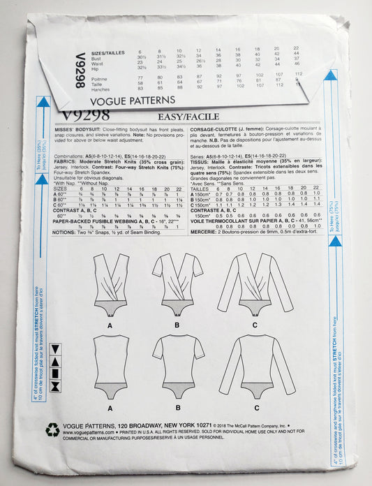 VOGUE Sewing Pattern V9298, Bodysuit, Short Sleeves, Sleeveless and Long Sleeve Variations, Size 6-14