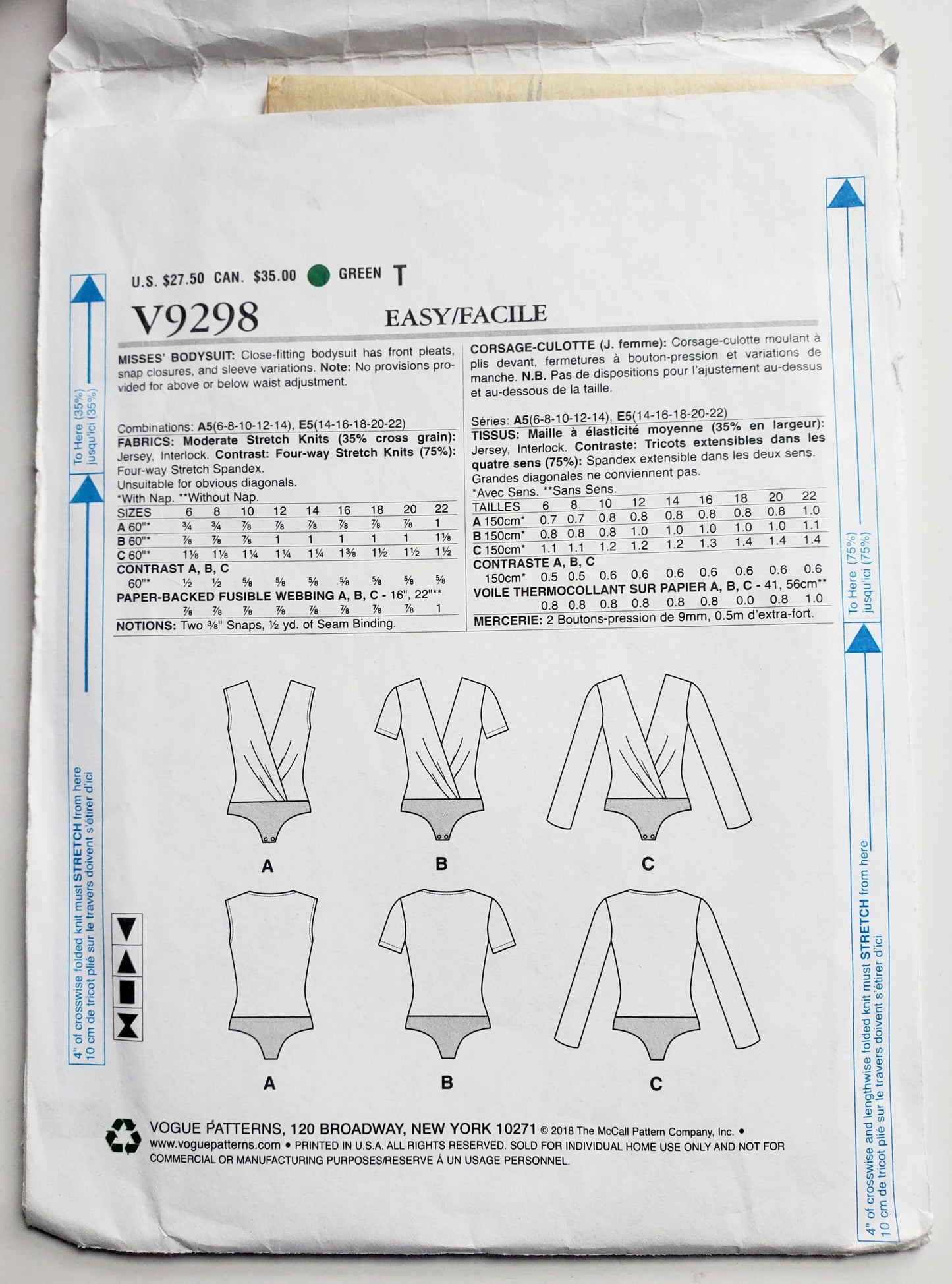 VOGUE Sewing Pattern V9298, Bodysuit, Short Sleeves, Sleeveless and Long Sleeve Variations, Size 6-14