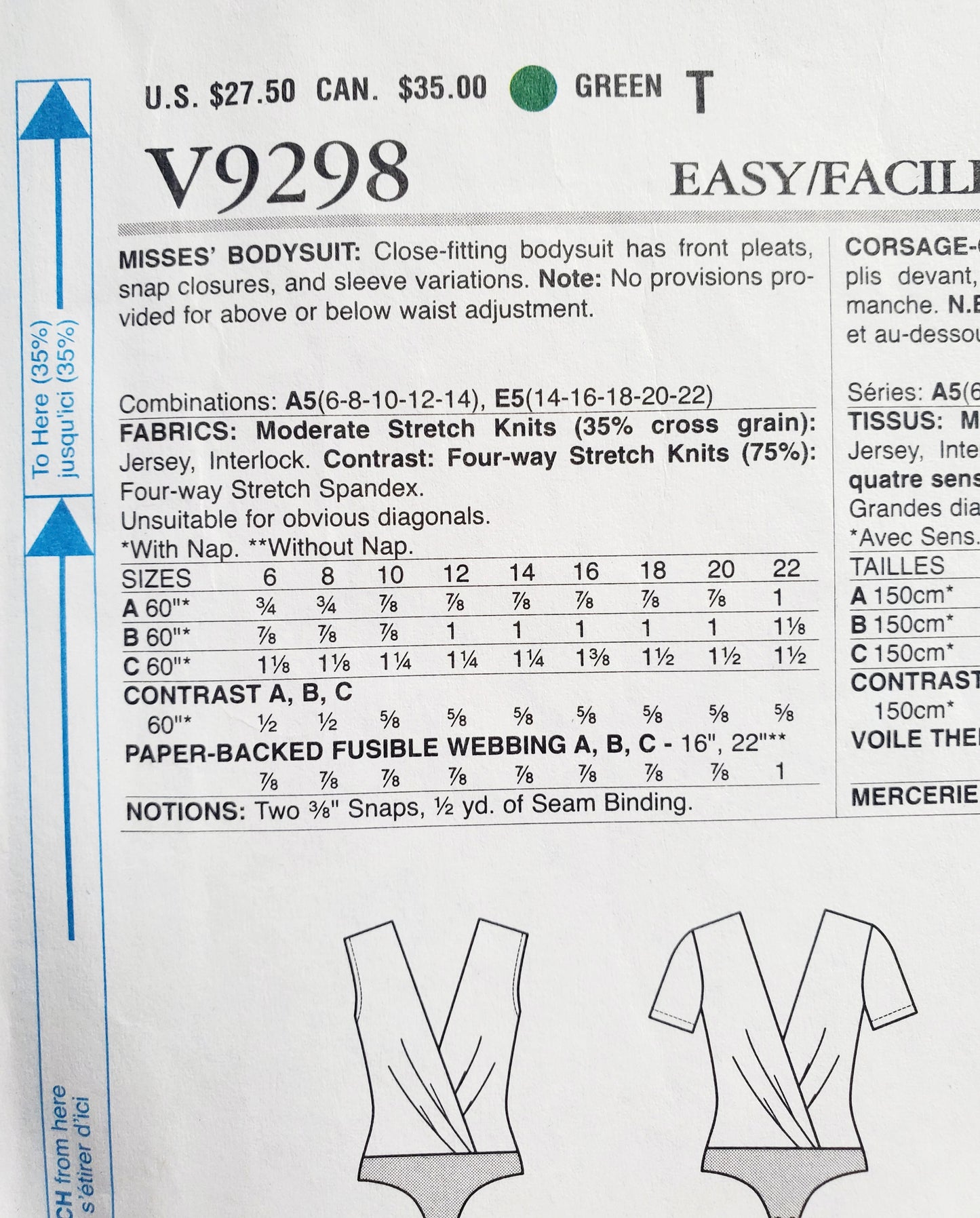 VOGUE Sewing Pattern V9298, Bodysuit, Short Sleeves, Sleeveless and Long Sleeve Variations, Size 6-14