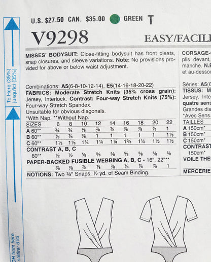 VOGUE Sewing Pattern V9298, Bodysuit, Short Sleeves, Sleeveless and Long Sleeve Variations, Size 6-14