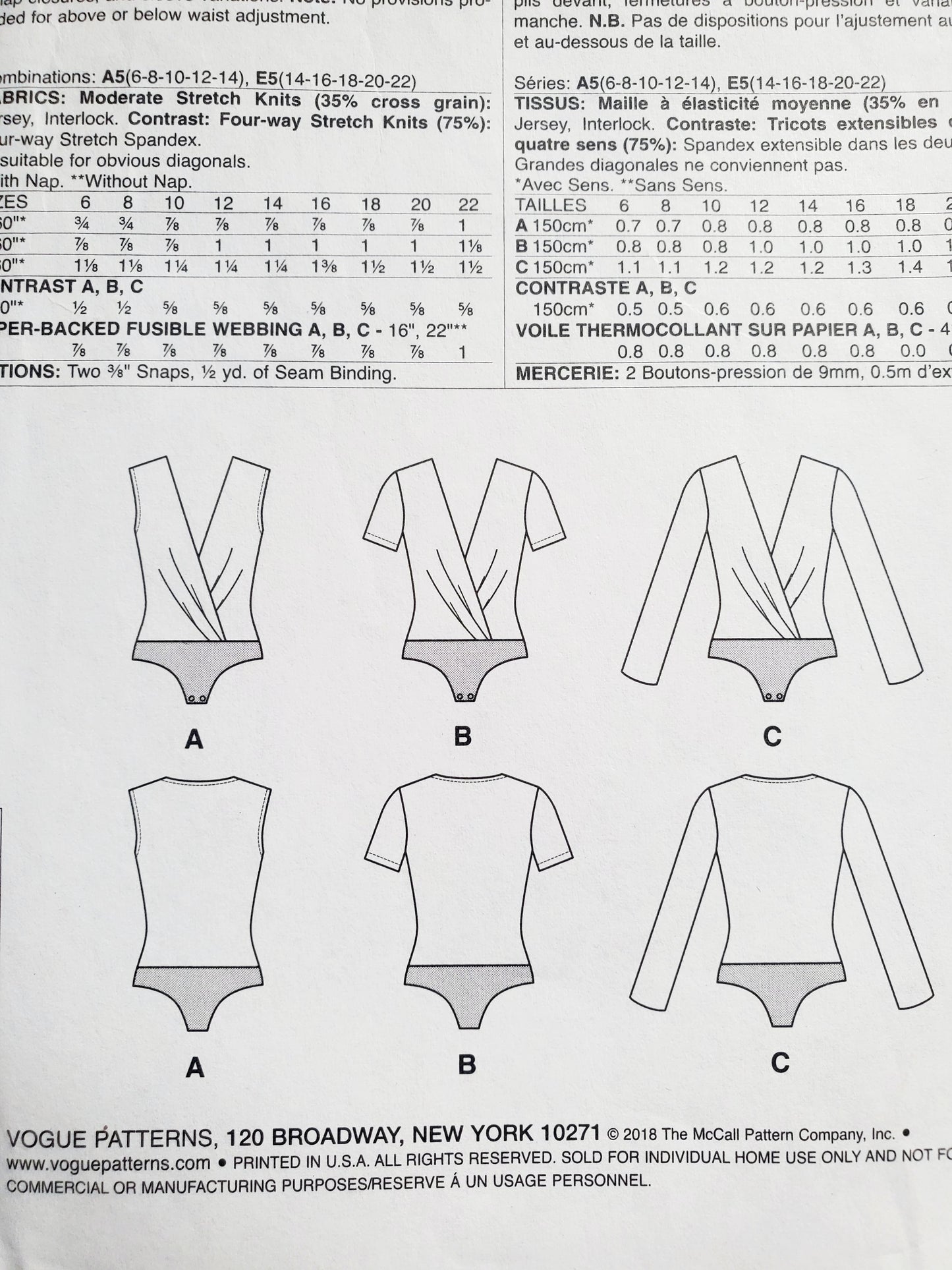 VOGUE Sewing Pattern V9298, Bodysuit, Short Sleeves, Sleeveless and Long Sleeve Variations, Size 6-14