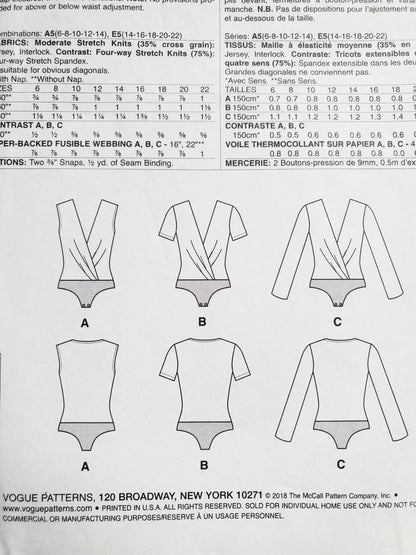 VOGUE Sewing Pattern V9298, Bodysuit, Short Sleeves, Sleeveless and Long Sleeve Variations, Size 6-14