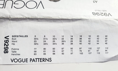 VOGUE Sewing Pattern V9298, Bodysuit, Short Sleeves, Sleeveless and Long Sleeve Variations, Size 6-14