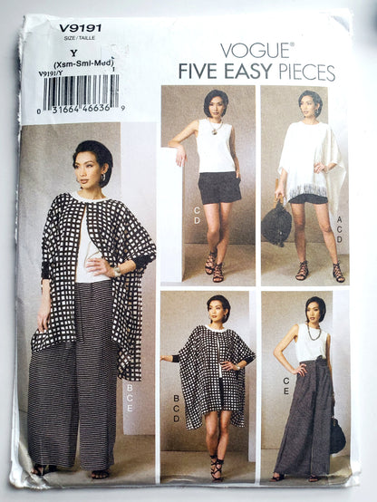 VOGUE Sewing Pattern V9191, Poncho, Top, Shorts, Pants, Five Easy Pieces, Size 4-14