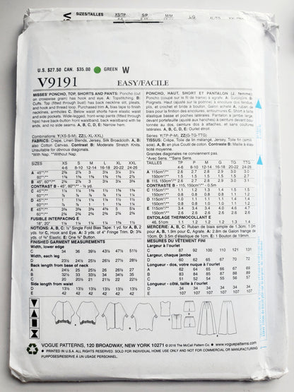 VOGUE Sewing Pattern V9191, Poncho, Top, Shorts, Pants, Five Easy Pieces, Size 4-14