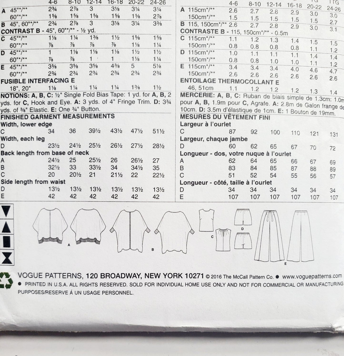 VOGUE Sewing Pattern V9191, Poncho, Top, Shorts, Pants, Five Easy Pieces, Size 4-14