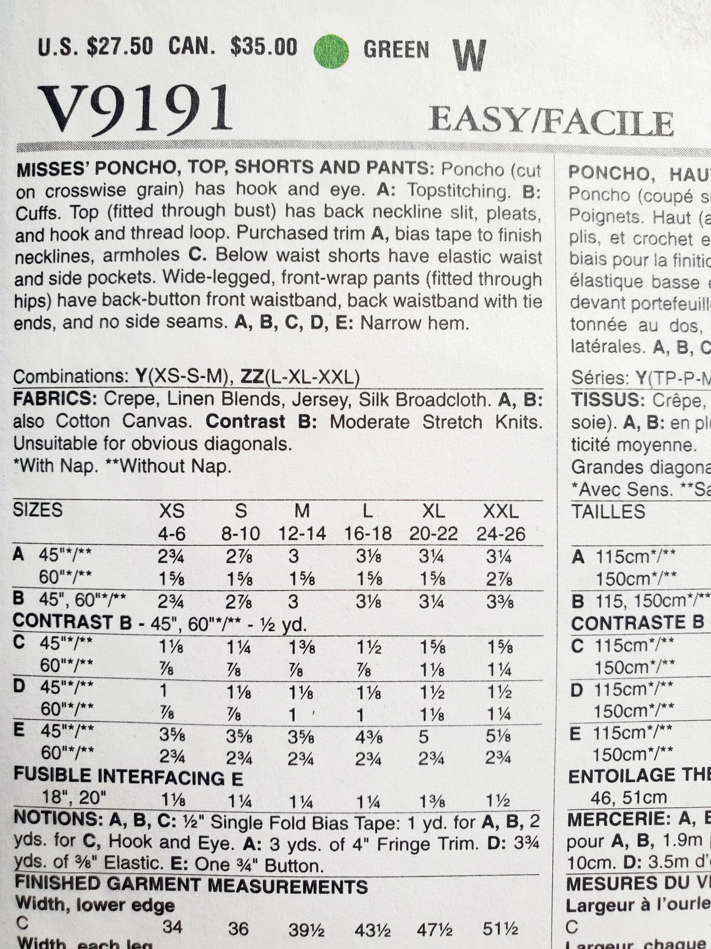 VOGUE Sewing Pattern V9191, Poncho, Top, Shorts, Pants, Five Easy Pieces, Size 4-14