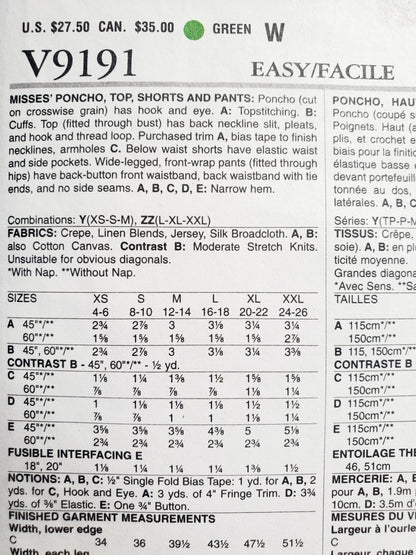 VOGUE Sewing Pattern V9191, Poncho, Top, Shorts, Pants, Five Easy Pieces, Size 4-14