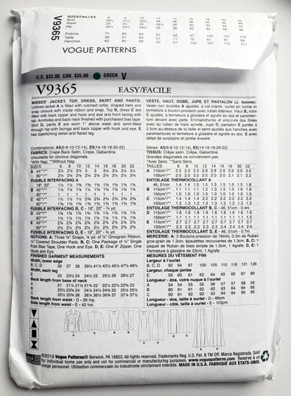 VOGUE Sewing Pattern V9365, Vogue Wardrobe, Jacket, Top, Dress, Skirt, Pants, Size 6-14