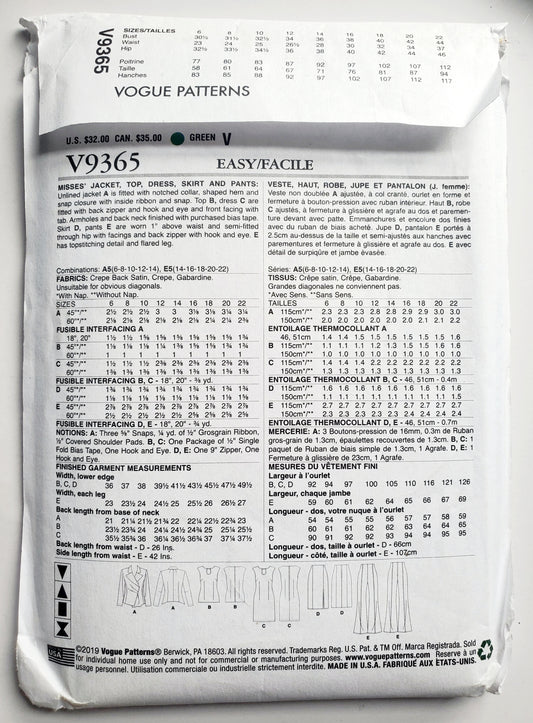 VOGUE Sewing Pattern V9365, Vogue Wardrobe, Jacket, Top, Dress, Skirt, Pants, Size 6-14