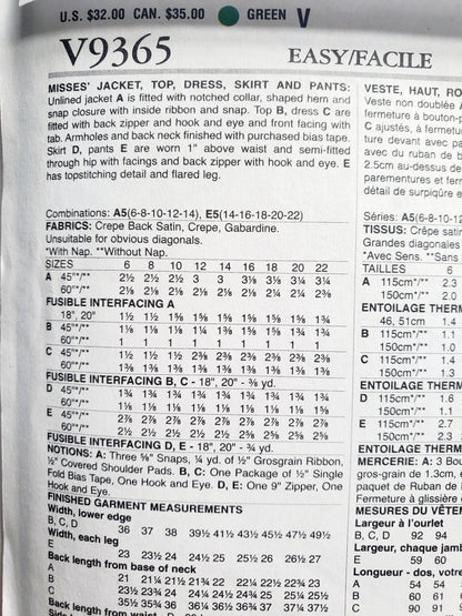 VOGUE Sewing Pattern V9365, Vogue Wardrobe, Jacket, Top, Dress, Skirt, Pants, Size 6-14