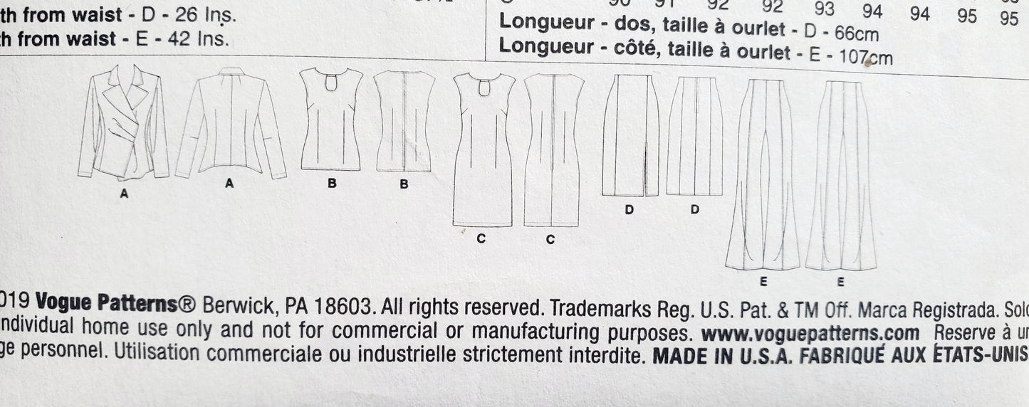 VOGUE Sewing Pattern V9365, Vogue Wardrobe, Jacket, Top, Dress, Skirt, Pants, Size 6-14