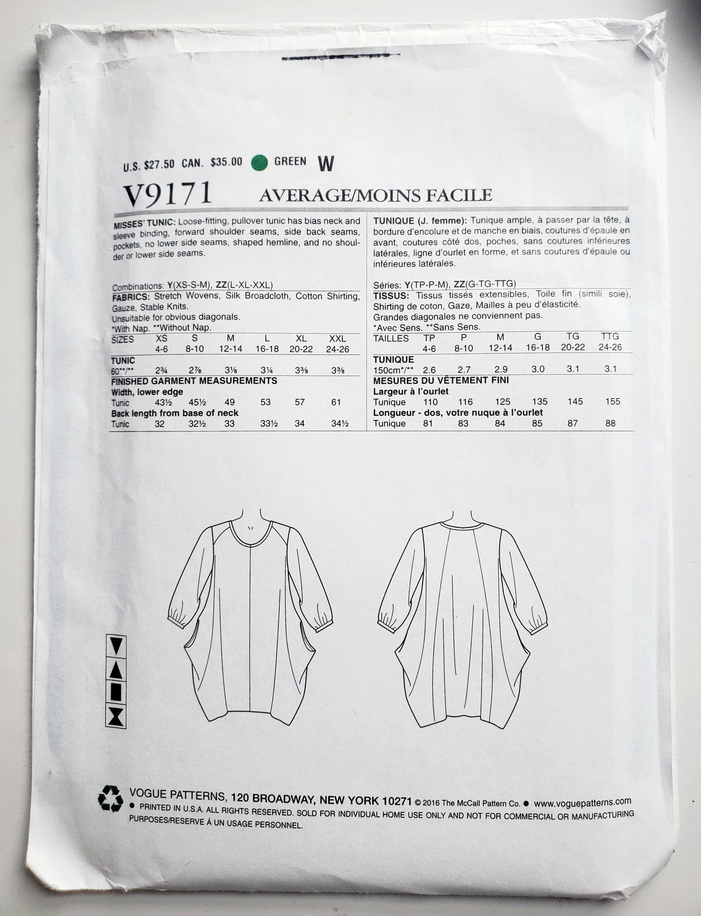 VOGUE Sewing Pattern V9171, Tunics, Marcy Tilton, Designer Original, Size 4-14