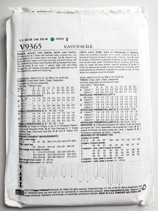 VOGUE Sewing Pattern V9365, Vogue Wardrobe, Jacket, Top, Dress, Skirt, Pants, Size 6-14