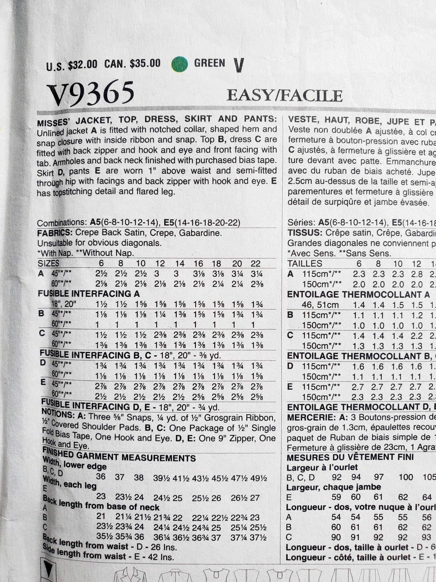 VOGUE Sewing Pattern V9365, Vogue Wardrobe, Jacket, Top, Dress, Skirt, Pants, Size 6-14
