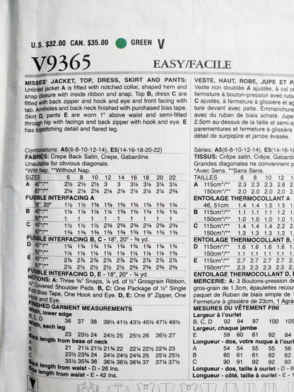 VOGUE Sewing Pattern V9365, Vogue Wardrobe, Jacket, Top, Dress, Skirt, Pants, Size 6-14