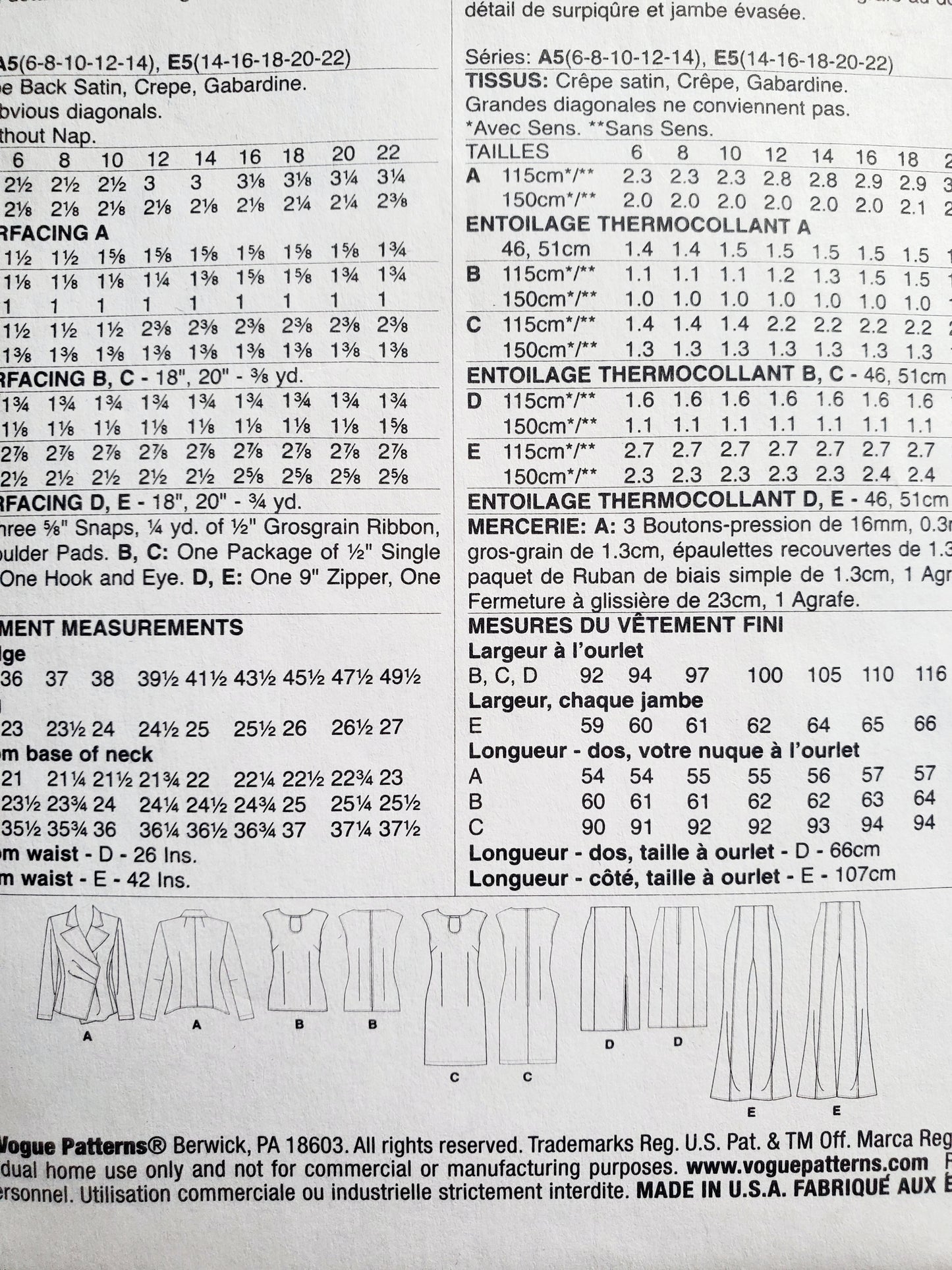 VOGUE Sewing Pattern V9365, Vogue Wardrobe, Jacket, Top, Dress, Skirt, Pants, Size 6-14