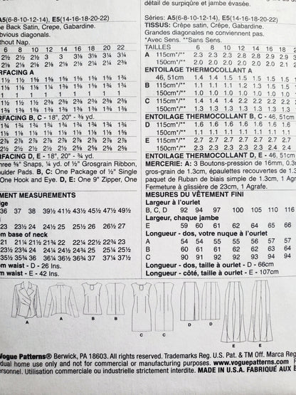 VOGUE Sewing Pattern V9365, Vogue Wardrobe, Jacket, Top, Dress, Skirt, Pants, Size 6-14