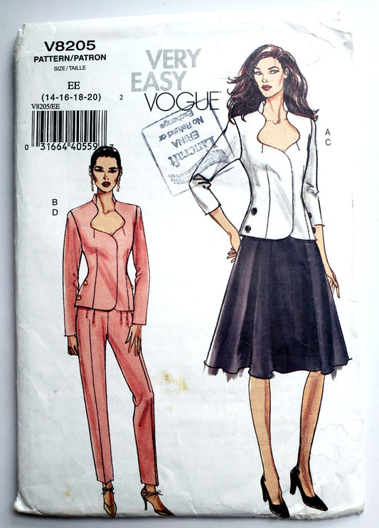 VERY EASY VOGUE Sewing Pattern V8205, Unlined Jacket, Skirt, Pants, Size 14-20