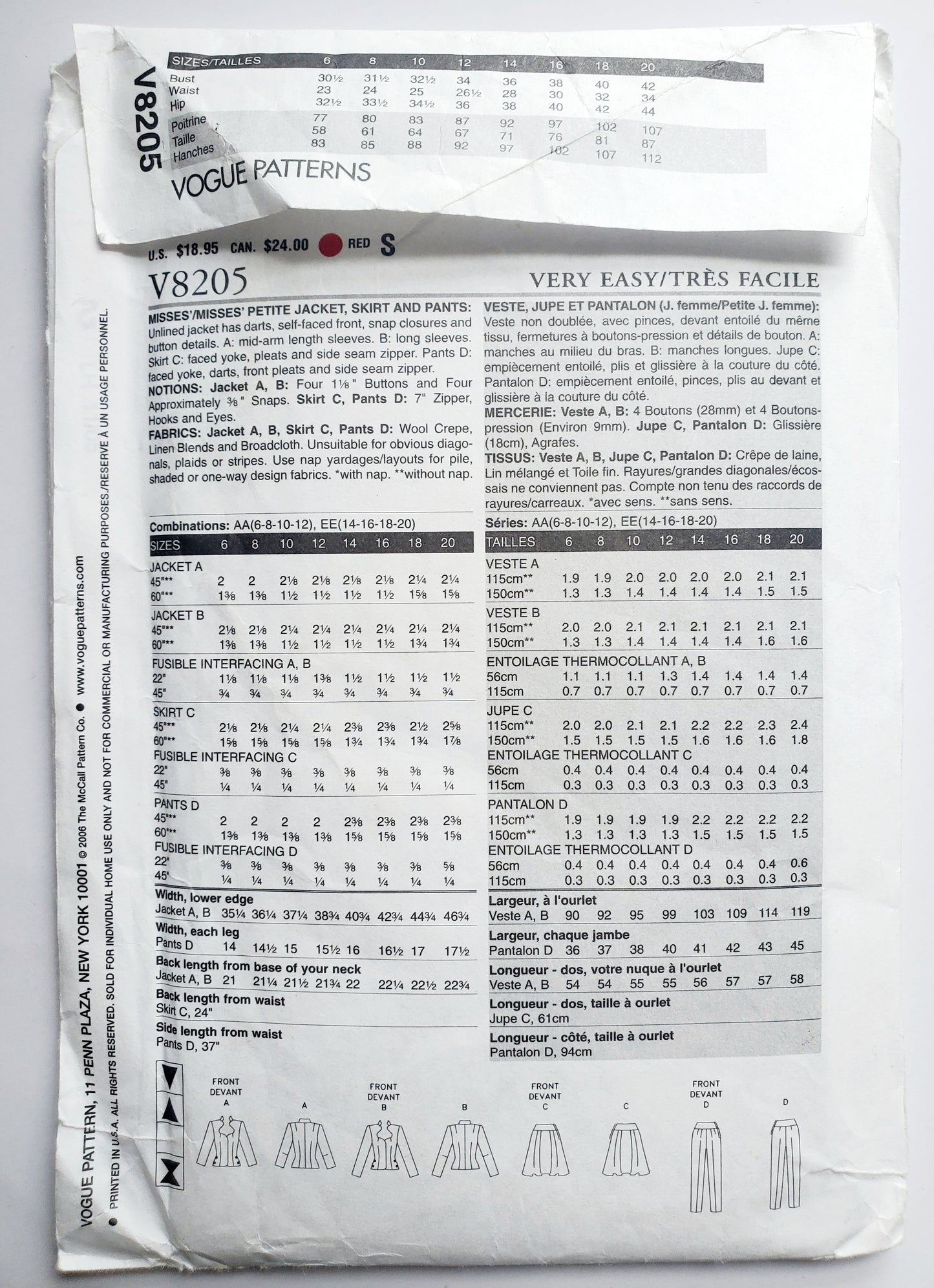 VERY EASY VOGUE Sewing Pattern V8205, Unlined Jacket, Skirt, Pants, Size 14-20