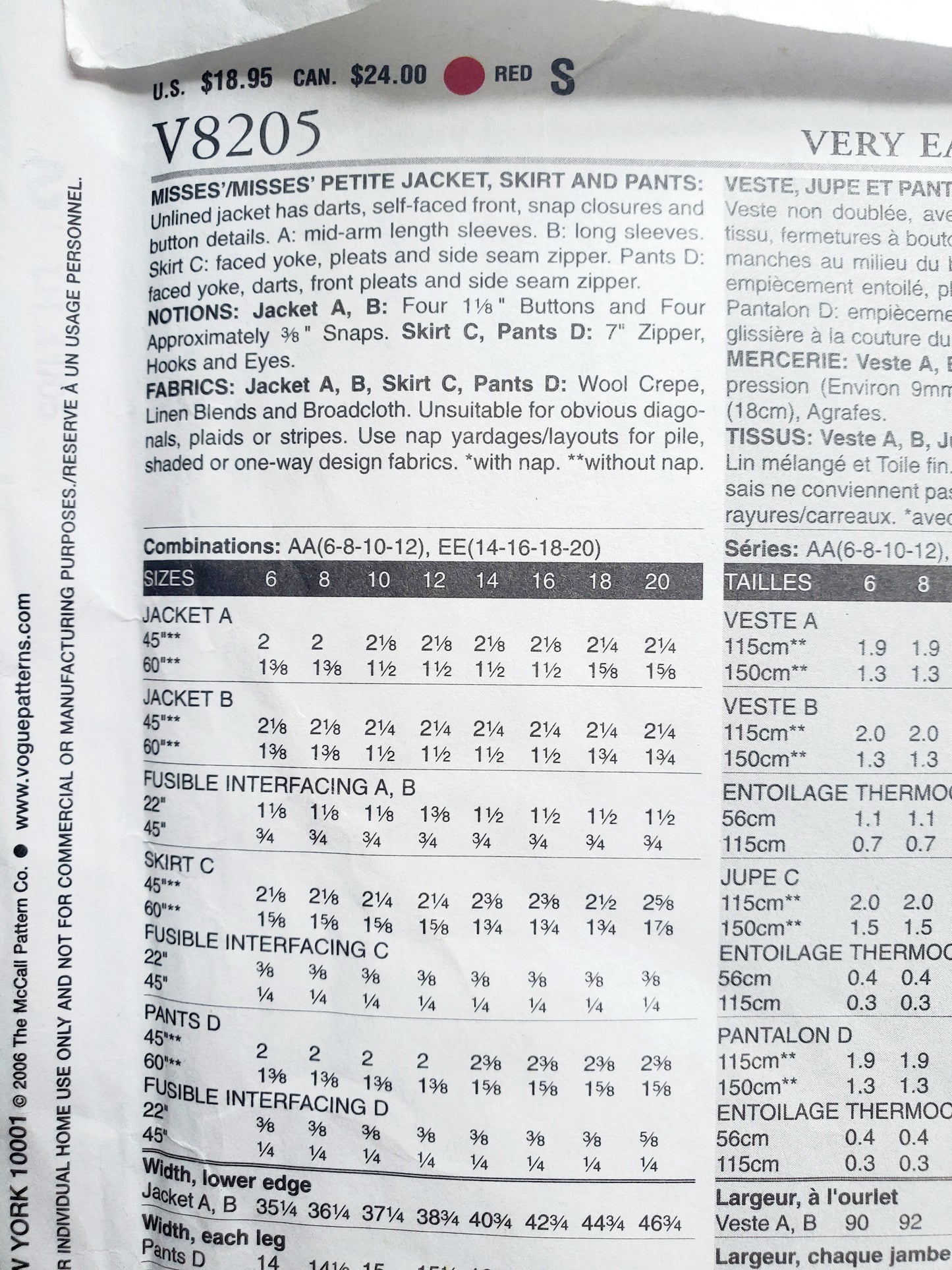 VERY EASY VOGUE Sewing Pattern V8205, Unlined Jacket, Skirt, Pants, Size 14-20