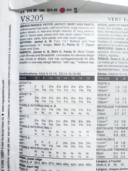 VERY EASY VOGUE Sewing Pattern V8205, Unlined Jacket, Skirt, Pants, Size 14-20