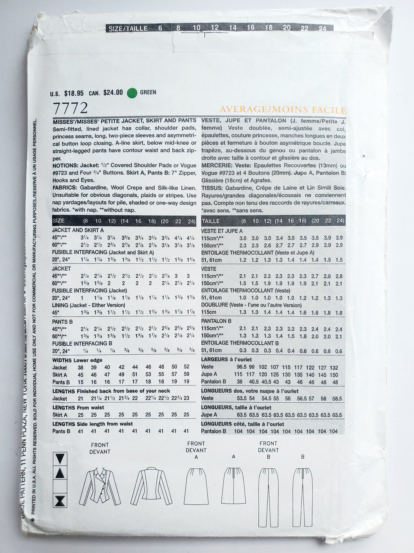 VOGUE Sewing Pattern 7772, Jacket, Skirt, Pants, The Vogue Woman, Size 20-24