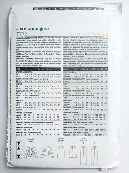 VOGUE Sewing Pattern 7772, Jacket, Skirt, Pants, The Vogue Woman, Size 20-24