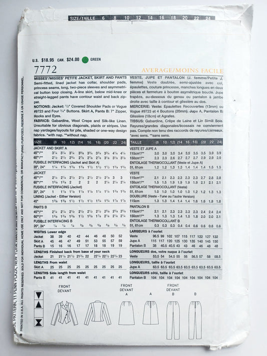 VOGUE Sewing Pattern 7772, Jacket, Skirt, Pants, The Vogue Woman, Size 20-24