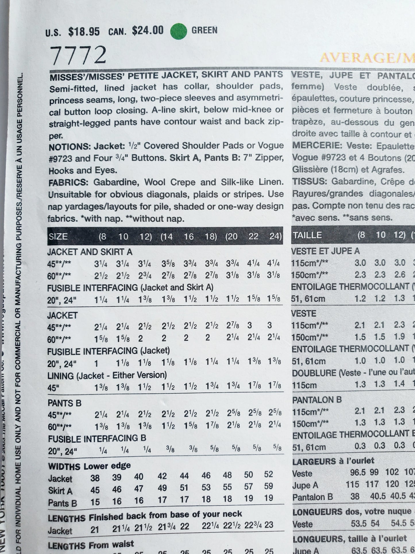 VOGUE Sewing Pattern 7772, Jacket, Skirt, Pants, The Vogue Woman, Size 20-24