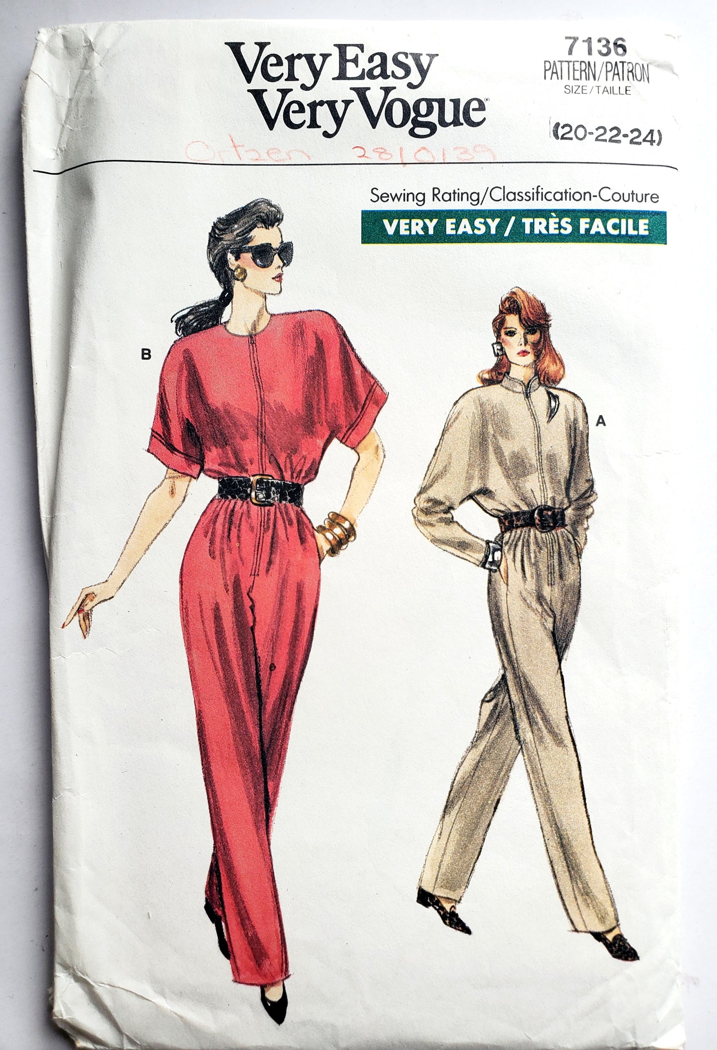 VERY EASY VERY VOGUE Sewing Pattern 7136 Jumpsuit with Straight Legs, Size 20-24