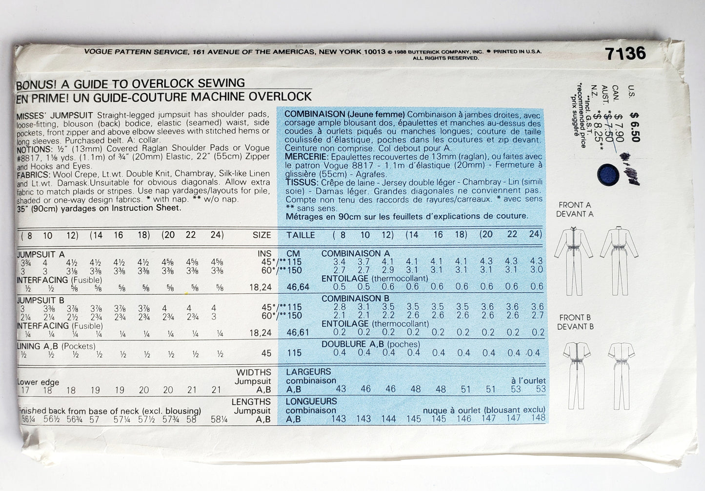 VERY EASY VERY VOGUE Sewing Pattern 7136 Jumpsuit with Straight Legs, Size 20-24