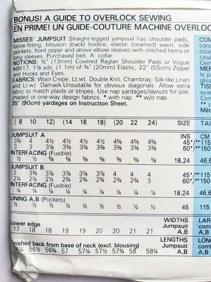 VERY EASY VERY VOGUE Sewing Pattern 7136 Jumpsuit with Straight Legs, Size 20-24