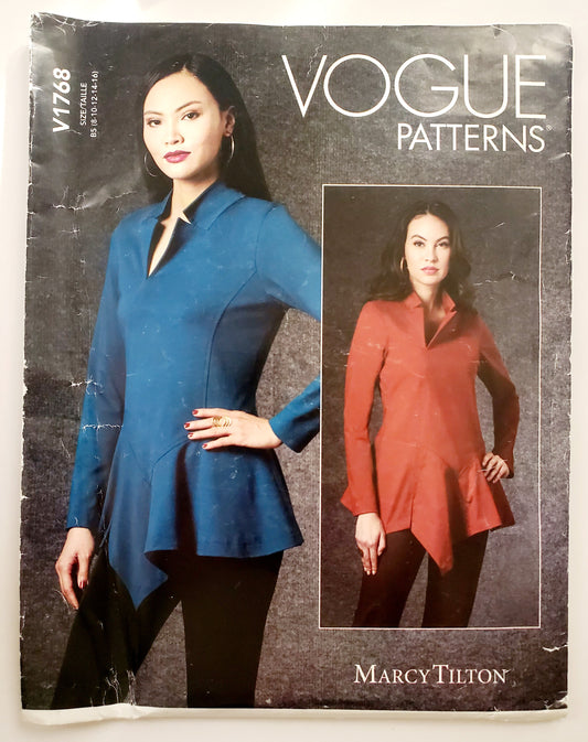 VOGUE PATTERNS, Sewing Pattern V1768, Tops with Peplum, Asymmetrical Seaming, Notch Collar, Size 8-16