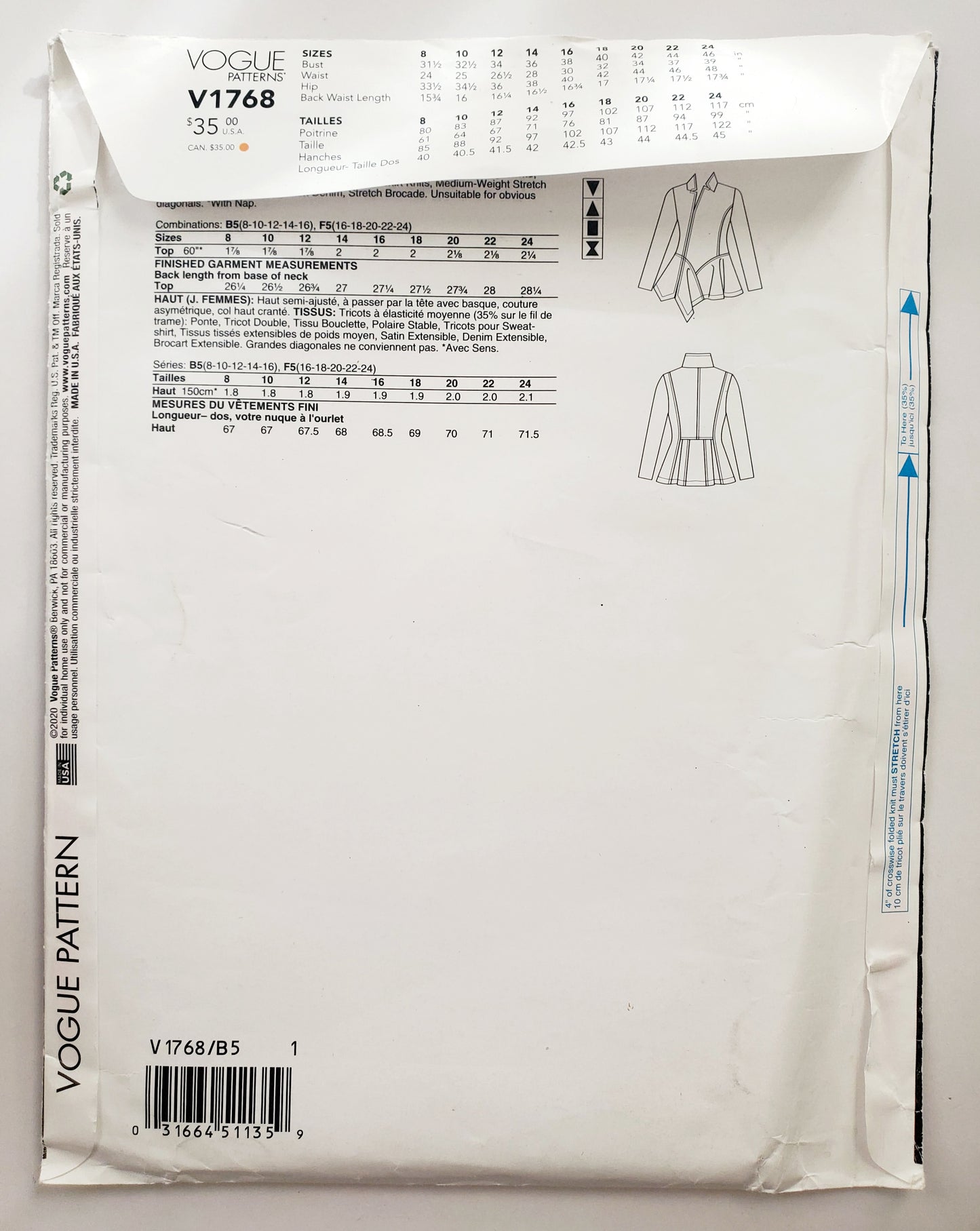 VOGUE PATTERNS, Sewing Pattern V1768, Tops with Peplum, Asymmetrical Seaming, Notch Collar, Size 8-16