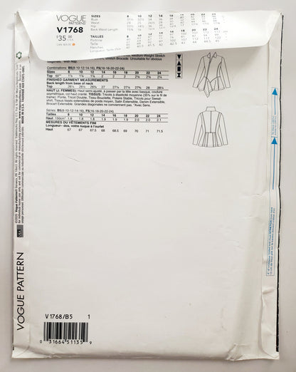 VOGUE PATTERNS, Sewing Pattern V1768, Tops with Peplum, Asymmetrical Seaming, Notch Collar, Size 8-16