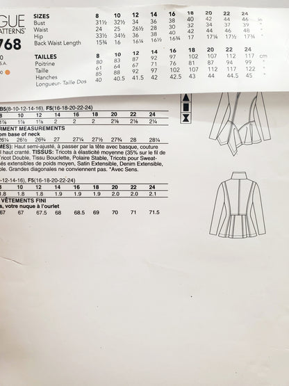 VOGUE PATTERNS, Sewing Pattern V1768, Tops with Peplum, Asymmetrical Seaming, Notch Collar, Size 8-16