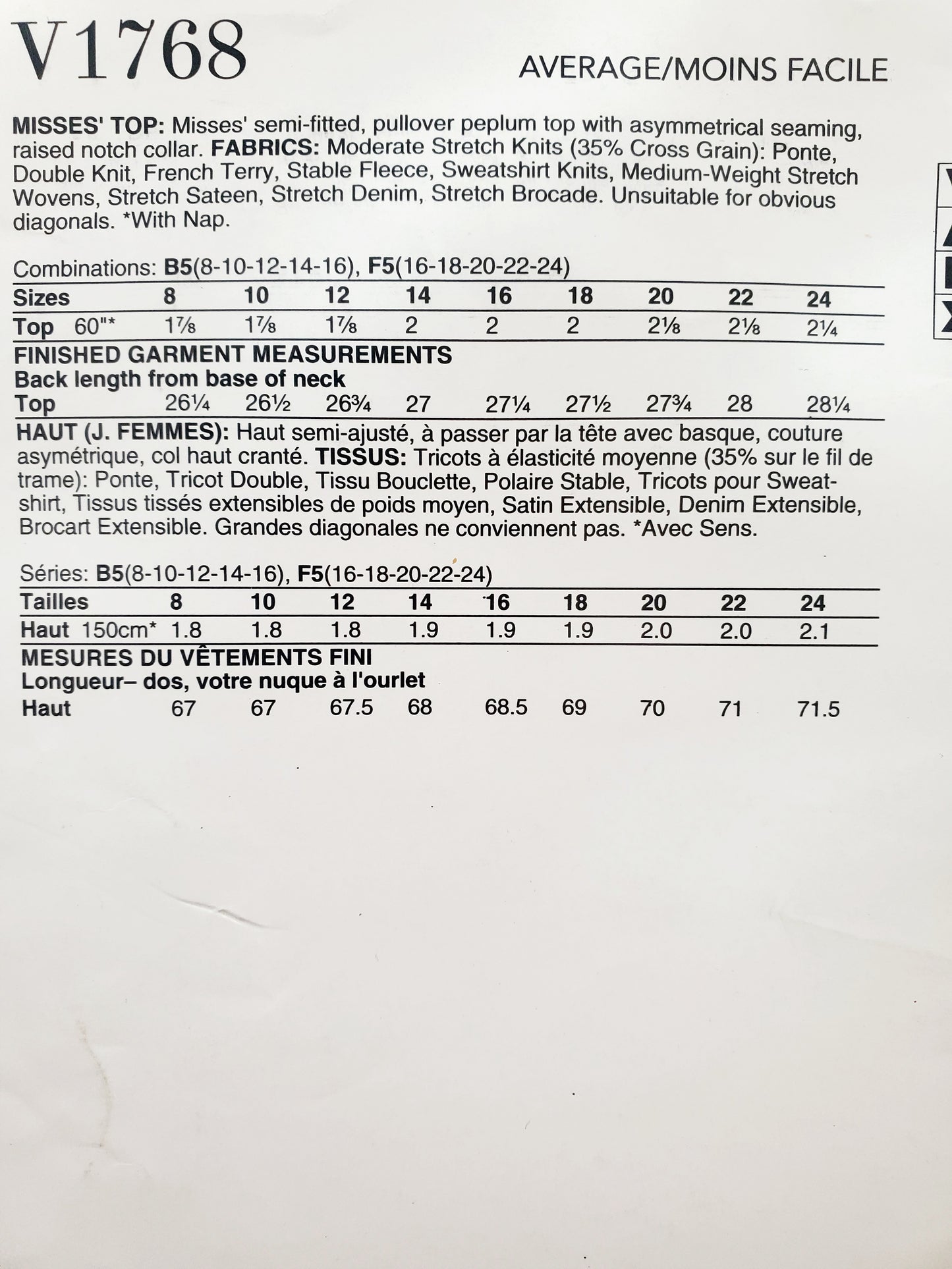 VOGUE PATTERNS, Sewing Pattern V1768, Tops with Peplum, Asymmetrical Seaming, Notch Collar, Size 8-16